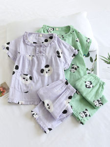 Princess Style Pure Cotton Summer Sleepwear Short Sleeve Overhead Childrens Home Clothes Cute Panda Design for Girls