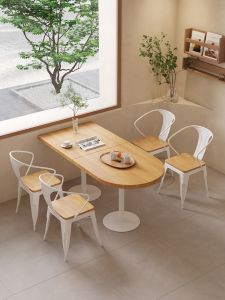 Wall White Solid Wood Half round Table Internet Celebrity Barbecue Milk Tea Shop Single Leg Iron Balcony Small Square Table Commercial Dining Table and Chair