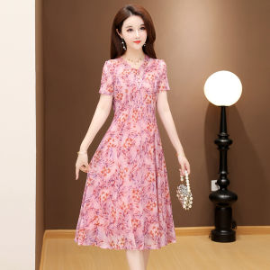 MAIMEI | Váy ngắn tay cổ chữ V cho nữ mùa hè 2025 Váy chữ A thời trang thanh lịch in họa tiết váy chữ A cạp cao