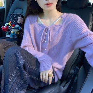 XUECAIQI | Purple Bow-tie Knitted Cardigan Sweater