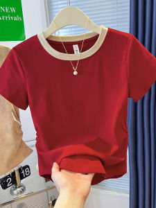 Folded Shoulder Short Sleeve T-Shirt Women Summer New Style American Color Block Popular Wine Red Top Cotton Blend round Neck Short Length