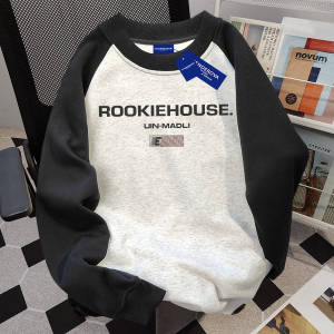 American Retro Long Sleeve Cotton T-Shirt Mens Loose Fit Letter Print Casual Top for Autumn Winter Street Style round Neck