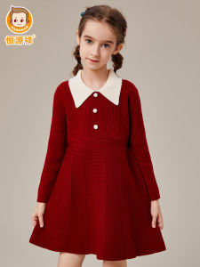 ชุดเดรสถักนิตติ้งสีแดงสำหรับเด็กผู้หญิง เสื้อคลุมกันหนาวแบบสวมหัว ทรงตรง แขนยาว ฤดูใบไม้ผลิและฤดูใบไม้ร่วง เสื้อผ้าเด็ก