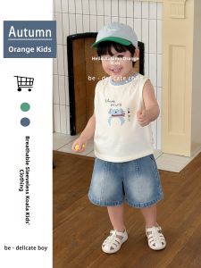 Cute Children Summer Vest Outfit Set Short Sleeve Cartoon T-shirt + Jeans Shorts