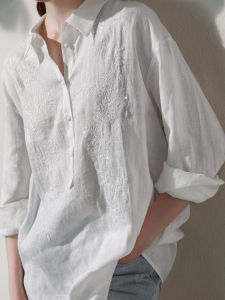 Miccbeirn | Pure Linen Embroidered Long Sleeve Polo Collar Casual Womens Jacket Glitter Shirt Artistic Vintage Style Simple Outerwear