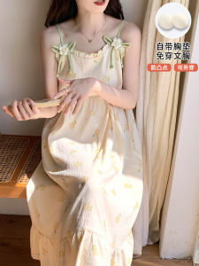 Sweet Summer Lightweight Cooling Womens Sleepwear with Chest Pad Halter Neck Home Clothes Can Be Worn outside Short Sleeve Midi Dress