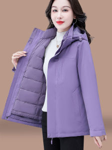 Womens down Jacket Loose Outdoor Climbing Windproof Waterproof Inner Lining Three-in-One Fleece-Lined Winter Coat