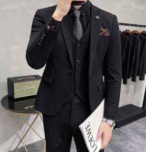 Mens Tailored Wedding Suit Casual Fashionable Business Interview Clothes Slim Fit Three-piece Ensemble Korean Style Groom Dress
