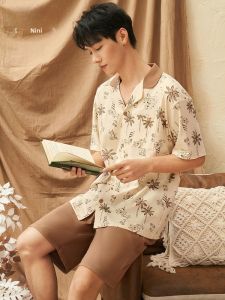 LUNILAI | Pure Cotton Mens Sleepwear Short Sleeve Small Collar Home Clothes Set Comfortable Autumn Style Floral Print Casual Leisure Suit