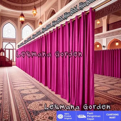 Gorden jilbab magenta untuk sekat ruangan masjid dengan desain elegan dan fitur smokring silver
