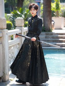 New Chinese Style Daily Shirt And Horse Trousers Set for Men Black Handsome Hanfu Commuting Suit Casual Youth Polyester Fiber