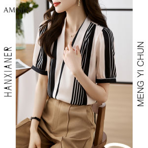 เสื้อแฟชั่นคอวีสไตล์เกาหลี 2023 ซึ่งเป็นสั้นพร็อพเสื้อชีฟองหญิง รูปร่างสูง ร้อน ซึ่งมีรสชาติของ AMMIN