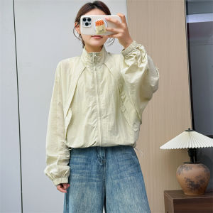 Lightweight Long Sleeve Loose Fit Stand Collar Womens Jacket Casual Style UV Protection Outerwear Skin Friendly Polyester