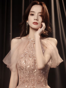 Champagne Color Evening Gown Hanging Neckline Adult Ceremony Dress Hostess Maidsmaid Uniform Luxury Fashionable Long Skirt