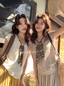 CHOEFULYN | V-Neck Scarf Vintage Loose Fit Womens T-shirt