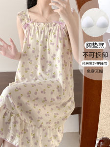 Pure Cotton Sleepwear Summer Womens Style Strap Dress with Chest Pad Tulip Dress Sweet Collar Home Clothes Mid-Length Skirt
