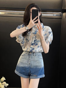 SUYE | Stylish Summer Leisure Set for Short Women Flower Shirt and A-Line Jeans Shorts