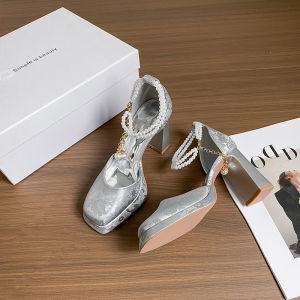 White Chinese Style Mary Jane Cutout Single Shoes for Women with Flag Dress Waterproof Platform Thick Heel High Heel Shoes