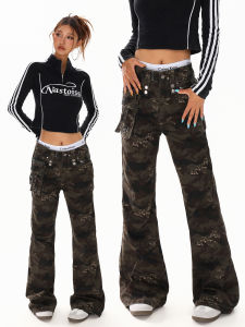 American Style Retro Camouflage 3D Pocket Denim Jeans Womens Autumn 2025 New Bell Bottom Workwear Pants Straight Leg Fit