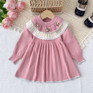 Bear Leader Ternos Kids Girl Autumn and Winter Long Sleeved Lace Flower Patchwork Bow Sweater Dresses Sweet Princess Pleated Clothes 3-7 Years Baby Girls Clothing