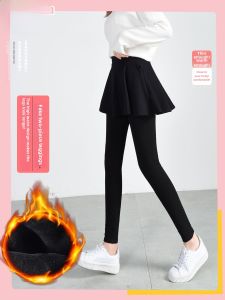 Womens Faux Two-Piece Thickened Fleece Lined High Waist Warm Outerwear Slimming Cotton Trousers for Spring Autumn Winter