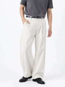 HLS&Huilishi Men Solid Gray Wrinkle Resistant Double Front Pleat Wide Leg Slacks High Waist Silky Draped Loose Floor-Length Business Casual Trousers with Side Pockets 3. 氛围感热销标题(适合品牌短视频种草)