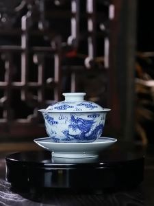 SANQINTANG | Bộ Trà Gaiwan Họa Tiết Rồng Đôi Xanh Trắng Cổ Điển Trung Quốc Bịt Tay