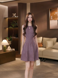 DENGLIULIU | Đầm Tím Vintage Retro Không Tay Ôm Dáng Ngắn Mùa Hè