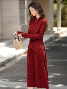Vimly | New Chinese Style Red Floral Knit Top and Long Skirt Set