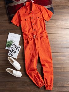Summer Trendy One-Piece Mens Short Sleeve Set with Multiple Pockets in Orange Overalls Loose Style Casual Pants for Teenagers