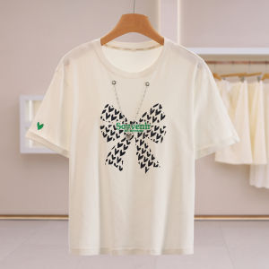 Bow and Heart Print Chain Trim Rolled Short Sleeve T-Shirt