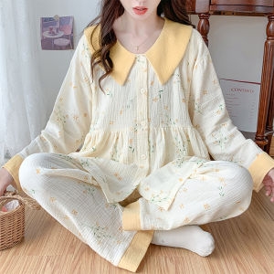Breathable Cotton Summer Sleepwear Long Sleeve Thin Cotton Gauze Maternity Nightgown Feeding Dress Womens Home Clothes Set