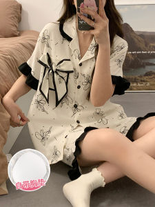 Summer Cloud Cotton Sleepwear Ladies Thin Home Clothes Set Sweet Cute with Chest Pad Short Sleeve Print Polyester Fiber
