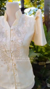 HABLON Modern Filipiñana Ladies Barong Blouse Top Only Attire for Women Black Beige Organza Womenswear Lady Shirts Elegant Lingerie Fitted Collar Short Sleeve Chic Collared Comfort