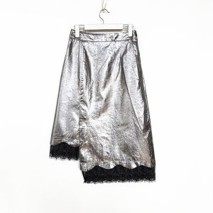 Asymmetric Hem Lace Trim Long Skirt Metal Color Half-length Womens Skirt Personality Series Elegant High-waist Midi Skirt