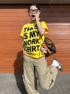 Chinese Fad American Style Shoulder Short Sleeve Womens Summer Letters Print Loose Slimming T-shirt Dopamine Yellow round Neck Tops