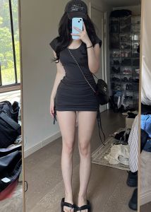 Retro Short Sleeve High Waist Slimming Shoulder Pad Dress Litchi Love Sleeping Summer New Grey Hot Girl Bodycon Dress