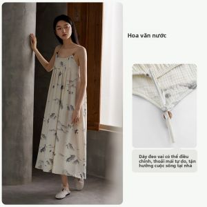 yuenei | Váy ngủ nữ tay không cổ tròn dài bằng vải cotton nguyên chất mùa hè 2024 Váy ngủ dài tay không họa tiết hoa đơn giản