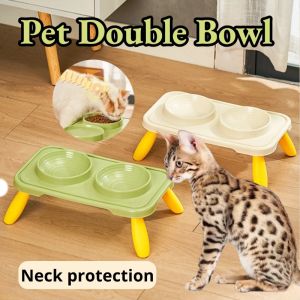 Pet Double Bowl High Foot Neck Protection Feeding Bowls Cat Dog Food Water Feeder Anti-Overturning Dispenser
