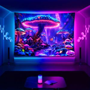VIKAMA UV Blacklight Psychedelic Mushroom Forest Tapestry Phát Sáng Trong Bóng Tối Tưởng Tượng Treo Tường Cho Phòng Ngủ Ký Túc Xá Đảng Trang Trí Nhà Bằng Vải Polyester