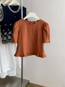 PAIBOLI | Elegant Round Neck Short Sleeve Shirt Summer Plus Size Overhead Blouse With Lace Trim Hem Design Commute Style Loose Fit