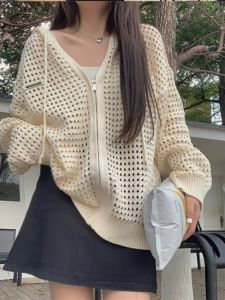Korean Style Womens Knitted Open Cardigan Thin Hollow out Outerwear Spring Summer 2024 Chic Top Loose Fit Long Sleeve Zipper Closure