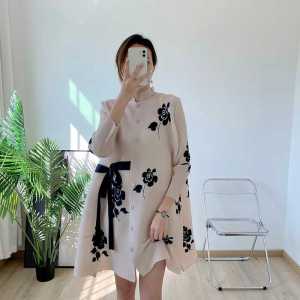 Chic Floral Print Jacket Belted Stand Collar Pleated Anti-Aging Spring Summer New Arrival plus Size Womens Korean Style Dress