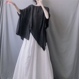 plus Size Womens Clothing Stylish Solid Color Irregular Top Plus Size Ladies round Neck All-Matching Slim Fit Slimming Bat Sleeve T-shirt