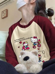 100% Pure Cotton Long Sleeve T-Shirt Womens Wine Red Oversize Cute Versatile New Print Top Casual Style Loose Fit Autumn Wear