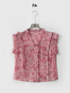 ME 100% Flax Butterfly Orchid French Print Slimming Comfortable Fashionable Casual Shirt V-neck Short Sleeve Summer 2025