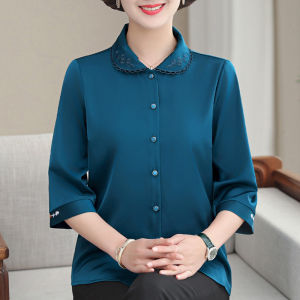 Elegant Embroidered Shirt Three Quarter Sleeve Womens Fashion Summer Wear for Middle Aged And Elderly Mothers Polo Collar Open Cardigan
