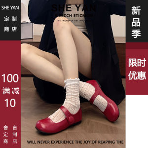 รองเท้าส้นแบน Mary Janes สีแดง ทรงหัวมน ด้านล่างนุ่ม สำหรับผู้หญิง รองเท้าส้นแบนแบบสวมสบาย รองเท้าเด็ก รองเท้าผ้าใบ