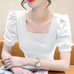 Elegant Square Collar Bubble Sleeve Short T-Shirt Womens Slim Fit Red Top Fashionable Commute Style Youthful Pure Color
