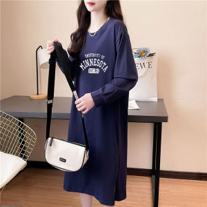 Laid-back Long Cotton T-shirt Dress Knee-length Lazy Womens Loose Outerwear Long Sleeve Base Layer Dress Spring Autumn Wear